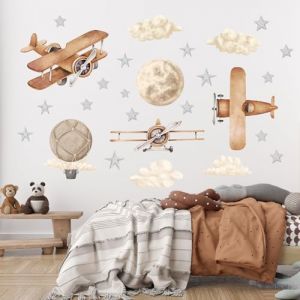 Avion autocollant mural boho montgolfière/autocollant mural avion pour chambre d'enfant/aquarelle/autocollant mural pour garçon (Mini Dekor, neuf)