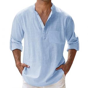 Chemise Lin Homme Manche Longue Col Mao Chemise Été Homme Leger en Coton Lin Chemise De Plage Classique Casual Henley Shirt Chemise Lin Homme Manches Longues Été Mao Décontractée (usitable, neuf)