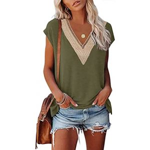 GRMLRPT Chemise Femme D'Été Élégant Chemisiers Découpes Col en V Manches Courtes Casual T-Shirt Mode Épaules Dénudées Shirt Blouse Couleur Unie Ample Casual Hauts Tops Tunique(Vert,M) (HEERDE-EU, neuf)