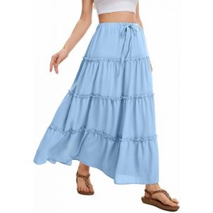 WUWUSKY Jupe d'&eacute;t&eacute; &eacute;l&eacute;gante pour Femme - Longue - Taille Haute - Jupe d'&eacute;t&eacute; d&eacute;contract&eacute;e - avec 2 Poches, Bleu Clair, S (wild berry, neuf)