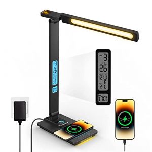 LAOPAO Lampe De Bureau Led Dimmable Avec Fonction - De Charge Horloge Lampe De Table Veilleuse Avec Chargeur Sans Fil 10W, Port De Charge Usb Lampe De Bureau Pliable (Laopao(FR)  Inc, neuf)