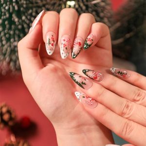NICENEEDED 24PCS Presse de Noël Sur les Ongles Faux Ongles Français en Amande Moyenne Rouge et Vert Ongles Acryliques à Couverture Complète en Forme de Chapeau de Père Noël (Niceneeded FR, neuf)