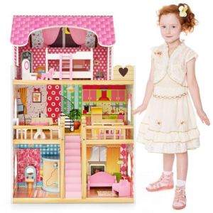 GOPLUS Maison de Poupée en Bois, Maison de Rêve à 3 Étages avec 6 Pièces Simulées, 15 Accessoires de Mobilier, Maison de Princesse Créative, Cadeau pour Enfants 3+ Ans, 59 x 30 x 91 cm, Rose (Augenstern24, neuf)