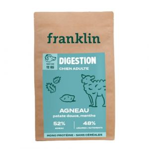 Franklin Protéinée – Croquette Hypoallergénique Chien – 12kg – sans Céréales – Mono-protéine – Estomacs Sensibles – Forme Ronde 13mm – Agneau, Patate Douce, Menthe (Franklin Pet Food, neuf)