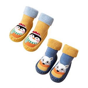 Adorel Chaussons Chaussettes Anti-d&eacute;rapantes B&eacute;b&eacute; Lot de 2 Penguin Jaune, Renard Bleu 19-21 (Taille Fabricant: 13) (Adorel EU, neuf)