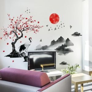 COVPAW Sticker mural Paysage chinois Peinture Grues Salon Autocollant mural Chambre à coucher Montagne Arbre Rivière Sticker mural japonais Chambre d'enfant Cuisine Bureau Décoration murale (Montagne (COSAFE, neuf)
