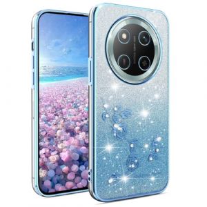 YUEQIAN Coque Paillettes pour Honor Magic 7 Lite 5G (Magic7 Lite)/X9c, Tr&egrave;s Mince Transparent Doux TPU Silicone Antichoc Bling Housse, P&eacute;tillant Diamant Fleurs Femmes Filles &Eacute;tui. Bleu (YUEQIAN-EU, neuf)