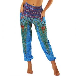 Nuofengkudu Femme Harem Pantalon Sarouel Thaïlandais Hippie Baggy Léger Boho Ethnique Smockée Taille Haute avec Poches Yoga Pants Été Plage ,Bleu Paon,Taille unique (better Life, neuf)