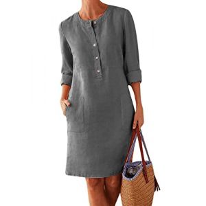 OMZIN Femme Coton Lin Robe Fourreau Décontractée Manches Courtes Vintage Tunique Robe Décontractée Rétro Robe D'été Gris Foncé M (Mosesi, neuf)