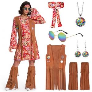 Ulikey Deguisement Hippie Femme, Deguisement Annee 70 Costume Hippie Femme Robe Hippie Chic avec Couvre Bottes à Glands, Gilet à Franges, Collier, Lunettes pour Carnavals, Spectacles (Rouge, L) (HALOROMAN  ETRADE, neuf)