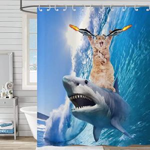 Rideau de douche Dr&ocirc;le 120x200, Hnmdmyi Chat cool Chevauchant un requin Rideau de douche Oc&eacute;an Vagues Poisson Bleu Mignon Enfants Gar&ccedil;ons Rideau de baignoire Imperm&eacute;able Polyester Tissu Rideau de bain (Hnmdmyi, neuf)
