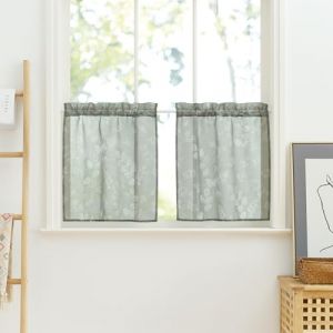 PONY DANCE Rideau Voilage Passe Tringle - Rideaux Vert avec Motifs Floraux Blanc pour Interieurs Decoration Printemps Cuisine Chambre Petite Fenetre, Lot de 2, L60 x H45cm (RYB HOME EU, neuf)