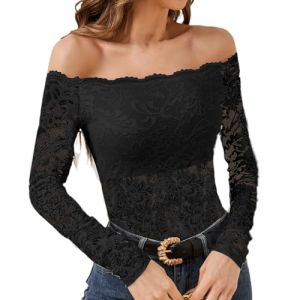 Haut Dentelle Femme, Haut Femme Chic et Elegant en Dentelle Florale Transparente Chemise Sexy en Maille Haut Manches Longues Automne et Hiver Noire Pas Cher Haut Noir M (⭐⭐⭐⭐⭐DUIGUN（Livraison 5-14 jours）, neuf)