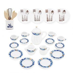Odoria Miniature 1/12 Service a Th&eacute; en Porcelaine Assiettes et Couverts Ustensiles de Cuisine Accessoire Maison de Poup&eacute;e, Bleu M&eacute;diterran&eacute;en (Cardinas, neuf)