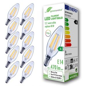 greenandco 10x Ampoule &agrave; filament LED | transparente | E14 C35 | 2,2W 470lm | remplace 40W | 2700K blanc chaud | 320&deg; | 230V | sans scintillement | Classe &eacute;nerg&eacute;tique A | non-dimmable (greenandco-fr, neuf)