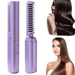 2024 Latest Hairdressing Comb, Rechargeable Mini Hair Straightener, Portable Hair Straightener Cordless, 3 Temperature Adjustments Travel Size Electric Flat Iron, Styling Combs (Purple) (STERED2, neuf)