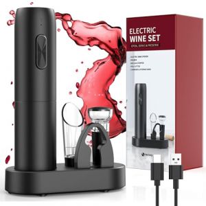 Tire bouchon electrique rechargeable avec socle de recharge, ouvre bouteille electrique 6 en 1 cadeau homme femme avec bec verseur a&eacute;rateur, bouchon vin vide air, coupe-fil et c&acirc;ble de chargement USB (SZIMONETTA, neuf)