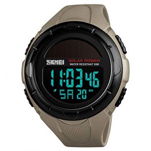 Skmei Montre de sport num&eacute;rique solaire pour homme, &eacute;tanche &agrave; 50 m, grand cadran noir avec chronom&egrave;tre, alarme et LED r&eacute;sistante aux chocs 1.8*2*0.59 inch kaki (Carrie Montre Fran&ccedil;ais, neuf)
