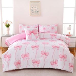 Freyamy Housse de Couette 140x200+1 Taie d'oreiller 65x65cm Blanc Rose Noeud Papillon Parure de lit en Microfibre Ado Sets de Housse Couette Adulte Filles avec Fermeture &Eacute;clair (Mitchell'SZ, neuf)