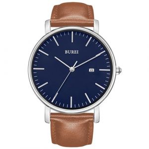 BUREI Montre Quartz Ultra-Fine pour Homme Mouvement Quartz Japonais m&eacute;canique pour Homme Le pour Les Gentlemen (Bleu et Marron, Bracelet de Montre en Cuir) (EU Watches, neuf)