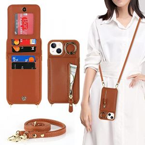 Cavor Coque iPhone 14/13 avec Cordon,Flip Bandouli&egrave;re Portefeuille &Eacute;tui Cuir,[4 Porte Cartes][Ring Support][Pochette zipp&eacute;e],Collier Housse Etui pour Femme pour iPhone 14/13 - Marron (Copmob, neuf)