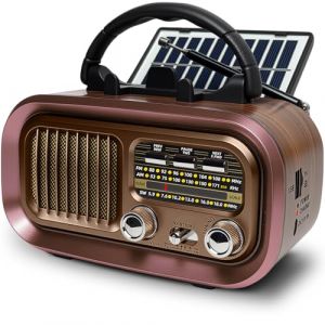 Poste Radio Portable, AM/FM/SW Radio a Pile, R&eacute;tro Radio Vintage Aliment&eacute;e par des Piles Rechargeables ou D-Cell de 1200mAh avec Panneau Solaire/USB/TF (MuyeStore, neuf)