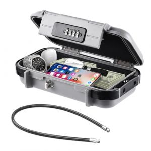 Hurinan Coffre-fort portable avec code - Étanche et antivol - Coffre de voyage - Serrure de sécurité avec câble métallique amovible - Pour la plage, les voitures, le bureau, les vacances - Gris (Dinglily, neuf)