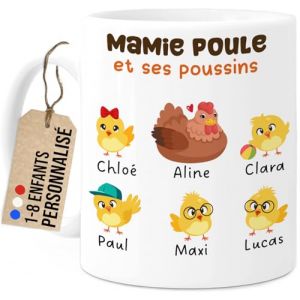 Cupdarling® Mug Mamie avec 1-8 Petits-Enfants Personnalisé - Mamie Poule - Tasse Cadeau Grand-Mère - Cadeau Fête Des Grand-Mères - Anniversaire Mamie - 330 mL Céramique - 5 Poussins (Tassenliebling, neuf)