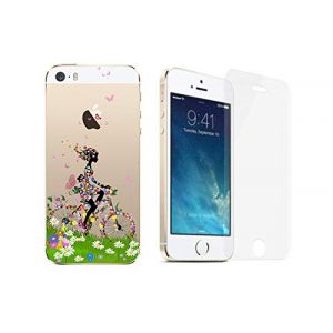 NOVAGO Compatible avec iPhone 5, iPhone 5S, iPhone SE 2016 Pack 2 en 1- Coque Transparente imprim&eacute;e + 1 Film en Verre tremp&eacute; r&eacute;sistant - Fille V&eacute;lo 2 (NOVAGO-Vendeur PRO fran&ccedil;ais, neuf)