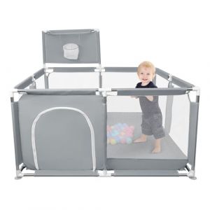 OHMG 180X120CM Parc Bebe,Parc Enfant,Grand Parc Bebe avec Barrières,Parc Bébé en Tissu Oxford, Parc De Jeux Bébé pour Appartement,Basketball Rack,50 Balles,4 Anneaux (Gris profond, 126 * 126 * 66cm) (jusiZL, neuf)