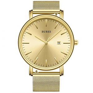 BUREI Montre Quartz Ultra-Fine pour Homme Mouvement Quartz Japonais m&eacute;canique pour Homme Le pour Les Gentlemen (Tout en Or, Acier Inoxydable) (EU Watches, neuf)