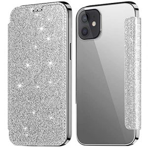 KOUYI Coque Compatible avec iPhone 13, Paillettes Strass Bling Fin &agrave; clapet Folio en Cuir PU avec Emplacement pour Carte Coque arri&egrave;re TPU Souple pour iPhone 13 6,1 Pouces (Argent) (Kouyi EU Store, neuf)