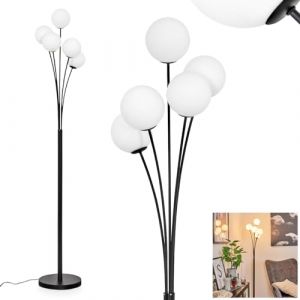 Bernado Lampadaire à intensité variable en métal/verre noir/verre dépoli, lampadaire avec boules en verre (Ø 12 cm), hauteur 174,5 cm, intensité variable en continu via interrupteur à pied, 5 ampoules (hofstein, neuf)