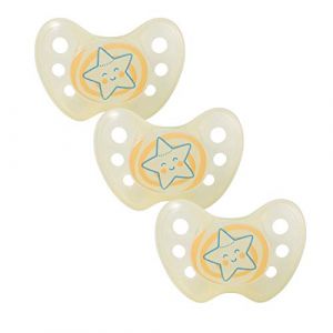 Dentistar Lot de 3 T&eacute;tines b&eacute;b&eacute; &ndash; Taille 2 (6-14 mois) &ndash; T&eacute;tine orthodontique douce pour les dents et la m&acirc;choire qui brille dans le noir &ndash; Jaune, motif &eacute;toile, brille la nuit &ndash; Made in Germany (ARILEX Kundenservice, neuf)