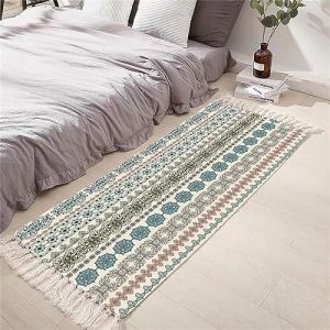 Tomifine Tapis en Coton Tissé, Tapis Bohème avec Frange, Tapis Tissé pour Salon Chambre, Home Tapis Géométriques Design Moderne Lavable Antiderapant (60x150 cm,Bleu) (NDSMGS, neuf)