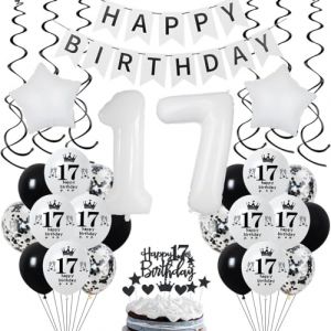 Decoration Anniversaire 17 ans Blanc Déco, Anniversaire 17 ans Blanc Noir Fille Garçon, Ballon 17 ans Anniversaire Fille, Blanc Noir 17 ans Décoration Fête Garçon, Noir Blanc 17 ans Ballon Déco (Crazy-M, neuf)