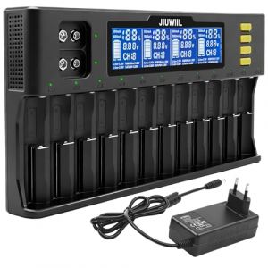 Chargeur de batterie 18650, JIUWIIL Chargeur de batterie universel &agrave; chargement rapide 12+2 emplacements avec &eacute;cran LCD pour batteries rechargeables Li-ion LiFePO4 RCR123 18650 26650 10440 14500 et 9V (JIUWIIL FACTORY STORE, neuf)