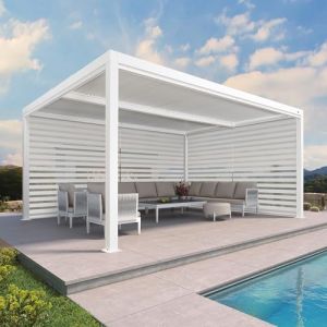 PURPLE LEAF Pergola Bioclimatique Aluminium 4,8 x 3,68 m avec Stores Enrouleurs des Deux C&ocirc;t&eacute;s, Lames Orientables, 1 C&ocirc;t&eacute; Long et 1 Court, Blanc (PURPLE LEAF, neuf)