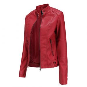 Hiser Femme Veste de Simili Cuir, Moto Manteau Faux Cuir PU Slim Fit Printemps Automne Hiver Manche Longue Élégant Veste Courte Blouson Biker à Fermeture (Rouge,M) (Hiseng, neuf)