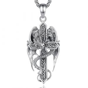 INFUSEU Collier Croix pour Hommes Femmes, Argent Sterling 925 Dragon Épée Croix Pendentif Gothique Viking Crâne Celtique Bijoux Cadeaux pour Garçons Filles (INFUSEU, neuf)