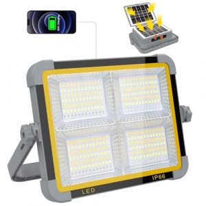 ERAY Projecteur LED Rechargeable 150W, Projecteur LED Chantier Portable avec Double Panneau Solaire, Lampe de Travail 9000mAh/336 perles LED/4 Modes/IP66, Projecteur de Chantier pour Garage, Camping (Wande, neuf)