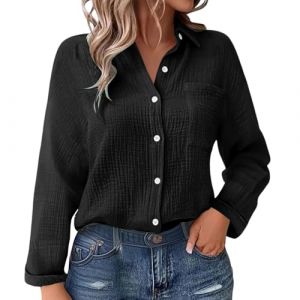 Chemise boutonn&eacute;e en Gaze de Coton pour Femme &ndash; Chemisier textur&eacute; froiss&eacute; &agrave; Manches Longues avec Poche, Haut l&eacute;ger et d&eacute;contract&eacute; pour l'&eacute;t&eacute; et la Superposition (Anglekie, neuf)