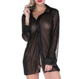 FUIPVGI Chemise de Nuit Sexy et Transparente à Manches Longues Boutonnées, Lingerie Femme Sexy Translucide Chemise Pyjama Transparent, Vetements Feminins Sexy, Chemise à Manches Longues (Noir) (DONG YI, neuf)