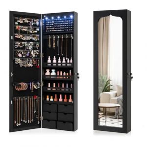 HOMASIS Armoire à bijoux avec éclairage LED, armoire à bijoux avec 6 tiroirs et miroir, armoire à bijoux pour montage mural et porte, verrouillable, 36,5 x 11,5 x 120 cm (noir) (Homasis, neuf)