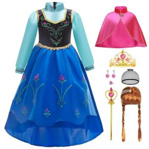 ZaisuiFun D&eacute;guisement Robe Anna Reine des Neiges Filles Costume Princesse Manche Longue avec Cape et Perruque pour Carnaval Halloween Cosplay, 7-8 Ans (QM Co.,Ltd., neuf)