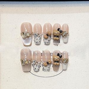 Fait à la main Faux Ongles Long MouyouGlow,Ballerine Cute Léopard French 3D Kitty Bow Crystal Cat Eye Magnetic Y2K Resuable Resuable Press on Nails avec Gel Pad,Handmade Fake Nails 10Pcs,164-XS (Mijisuper1985, neuf)