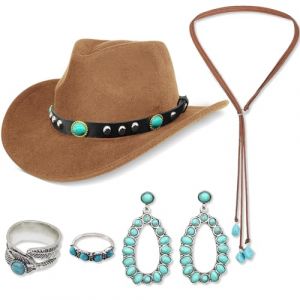 5 Pi&egrave;ces Set Accessoires Chapeau de Cowboy pour Femme, Ann&eacute;es 70 D&eacute;guisement de Western Cowboy avec Chapeau Collier Boucles d'Oreilles et Bagues Turquoise Boh&egrave;me pour Adulte Carnaval Cosplay (Qi ShiPengDeshop, neuf)