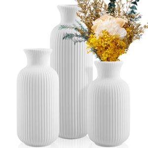 Vase en C&eacute;ramique Blanc FoiiLiio Lot de 3 (Grand + Moyen + Petit) Vase pour l'herbe de la Pampa Vase Moderne Design Blanc pour D&eacute;coration de Table et Fleurs S&eacute;ch&eacute;es, la Maison, Bureau (AVOGERS, neuf)