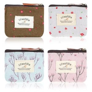 Lot de 4 mini trousses de maquillage en lin motif floral fermeture &eacute;clair - Organiseur portable pour pi&egrave;ces de monnaie - Pochette de rangement en tissu Blanc, Bleu, Rose (fragrant grass, neuf)
