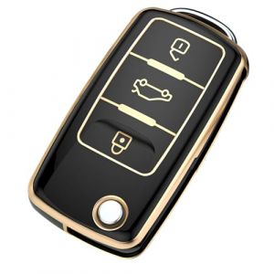 3 Boutons pour VW Golf 7 Touran Polo Tiguan Skoda Octavia Seat T-ROC Leon MK7 Coque de Clé Voiture TPU avec Porte-Clés Boîtier Housse Protection Clé Voiture Noir (LiYouZhiXiang, neuf)